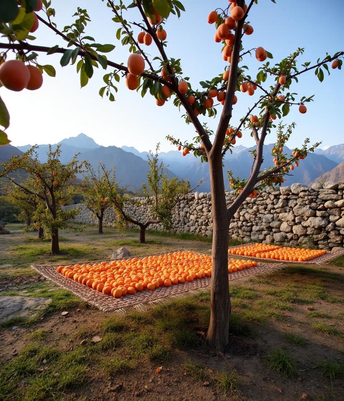 Apricots drying on woven mats in an orchard below the mountains of Gilgit-Baltistan