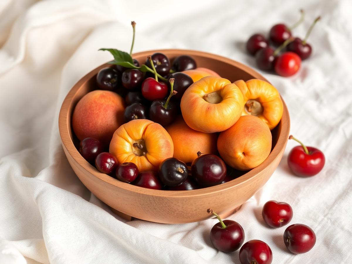 Bowl of apricots, cherries and mulberries on a cream cloth