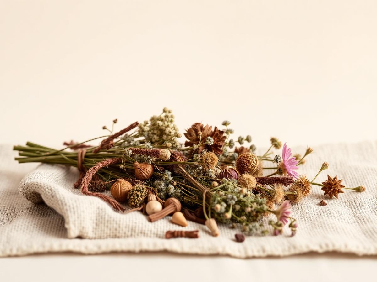 Dried mountain herbs and botanicals resting on natural linen