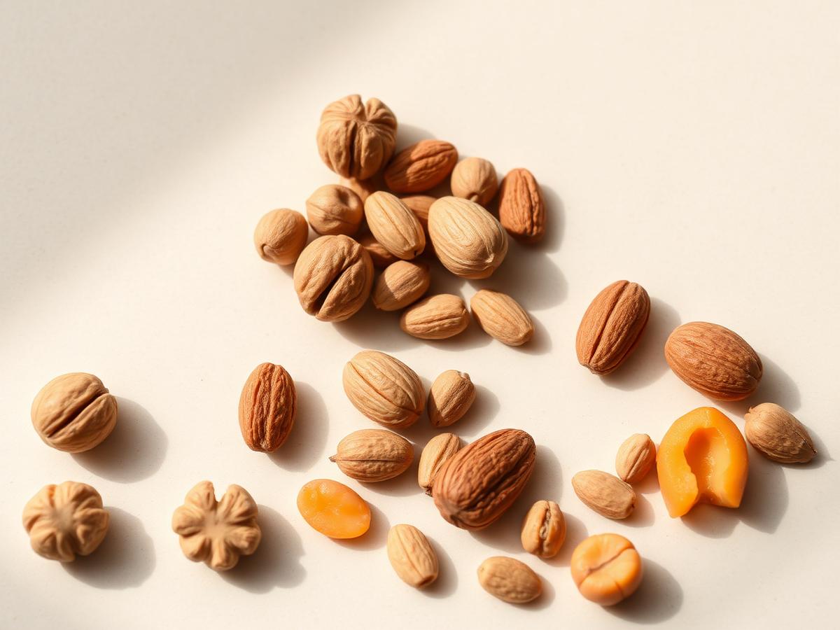 Walnuts, almonds and apricot kernels arranged on a cream surface