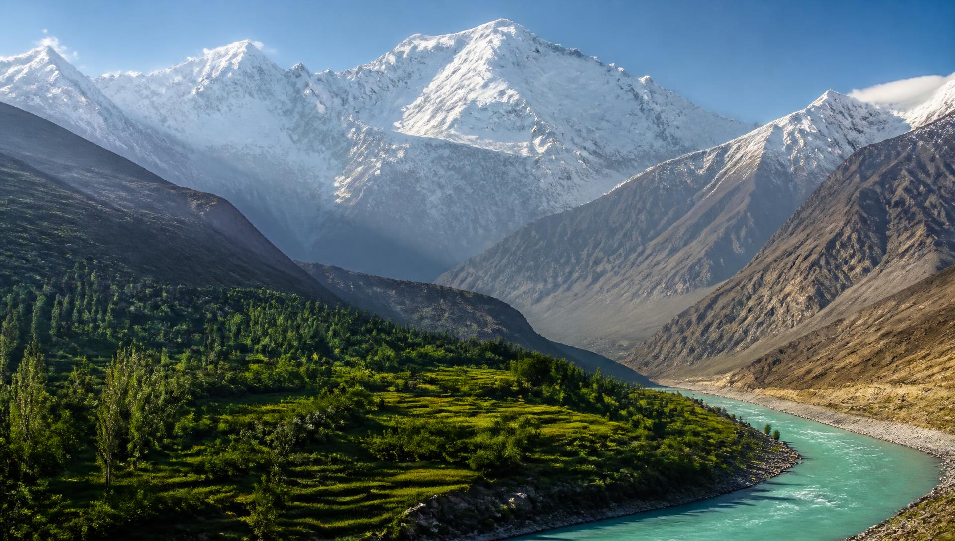 Green valley between snow-capped mountains with a glacial river
