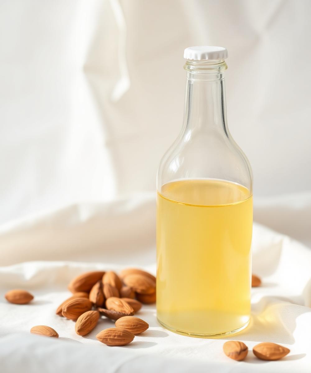 Glass bottle of almond oil beside almonds