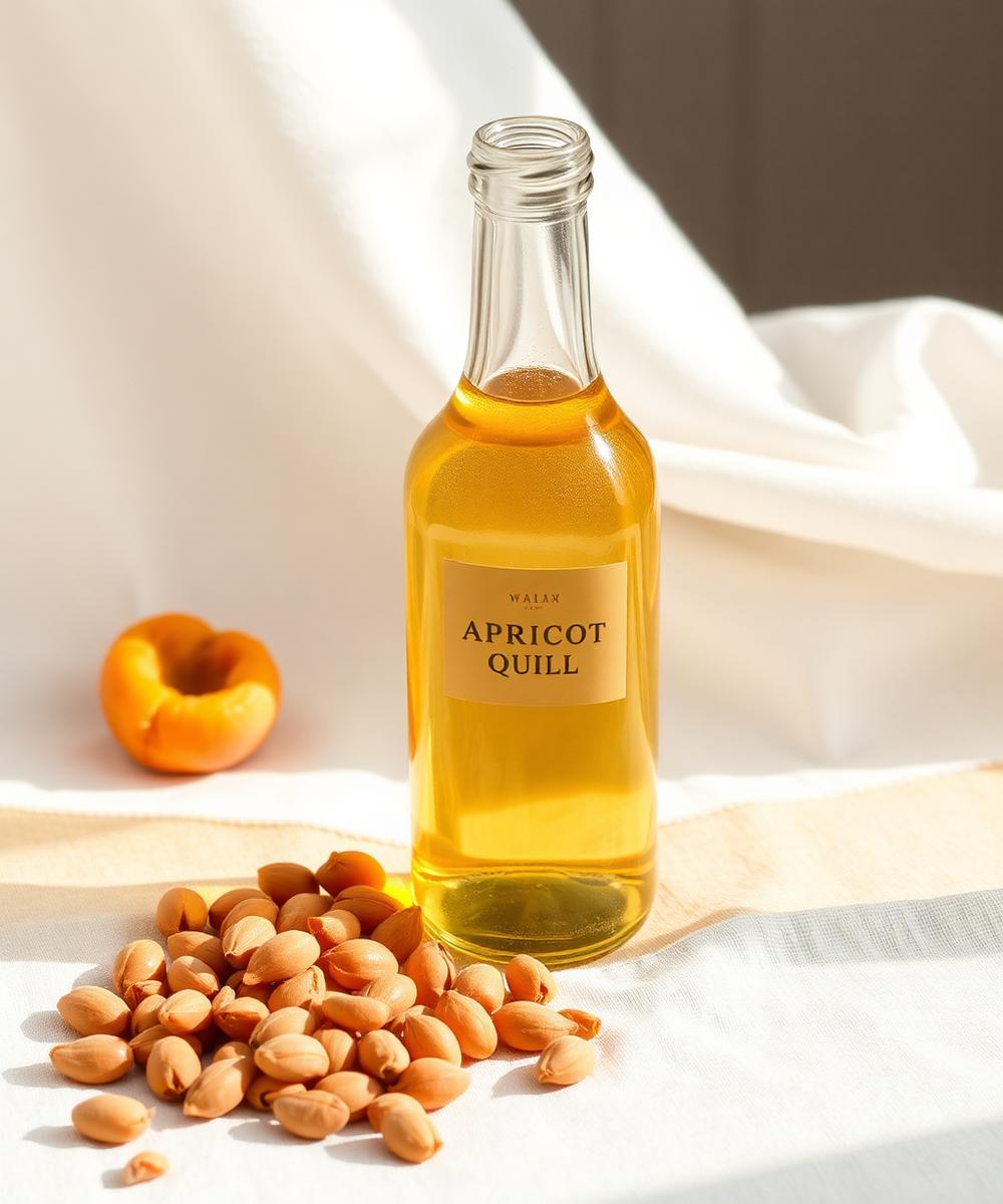 Glass bottle of apricot kernel oil beside kernels