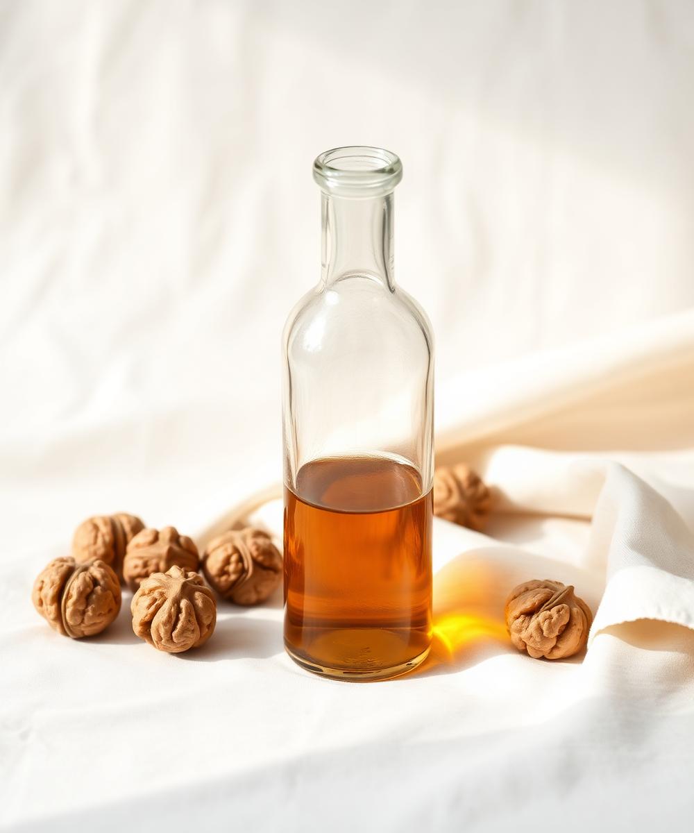 Glass bottle of walnut oil beside whole walnuts