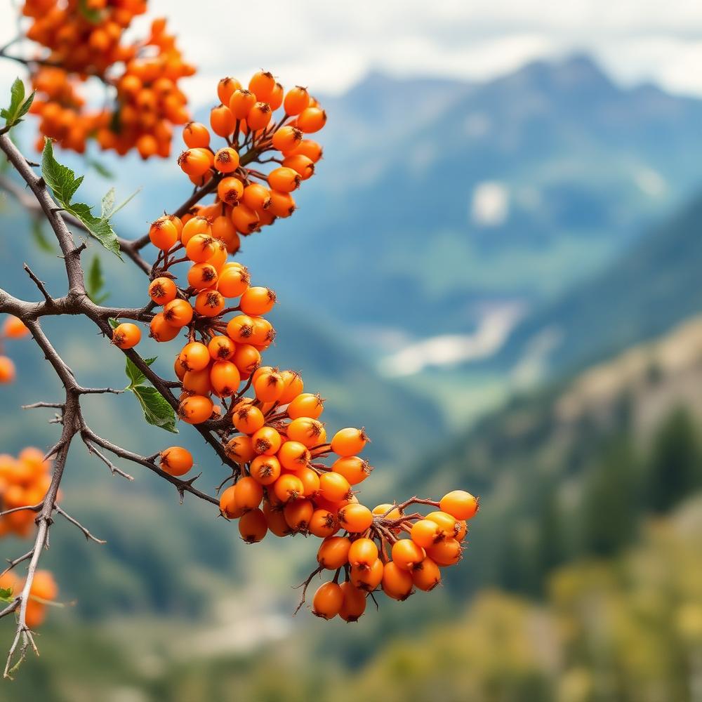 Orange sea buckthorn berries on a branch with mountains behind