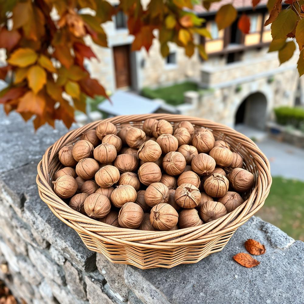 Walnuts collected in a woven basket on a stone wall