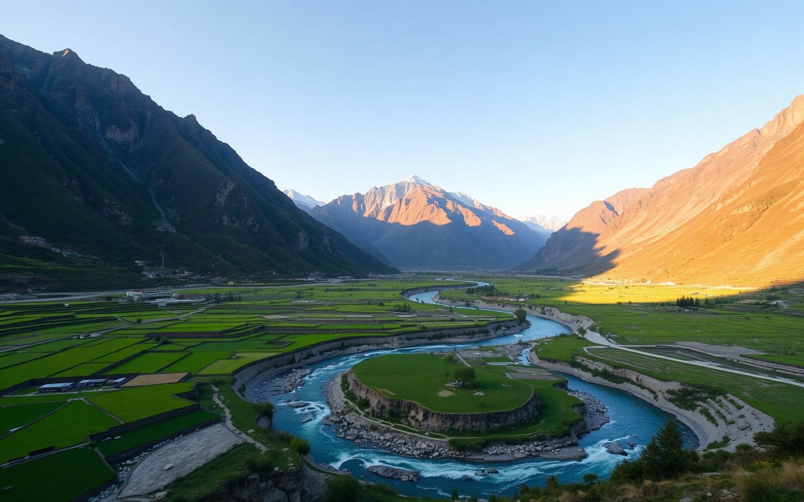 Mountain valley with a river at golden hour in Gilgit-Baltistan
